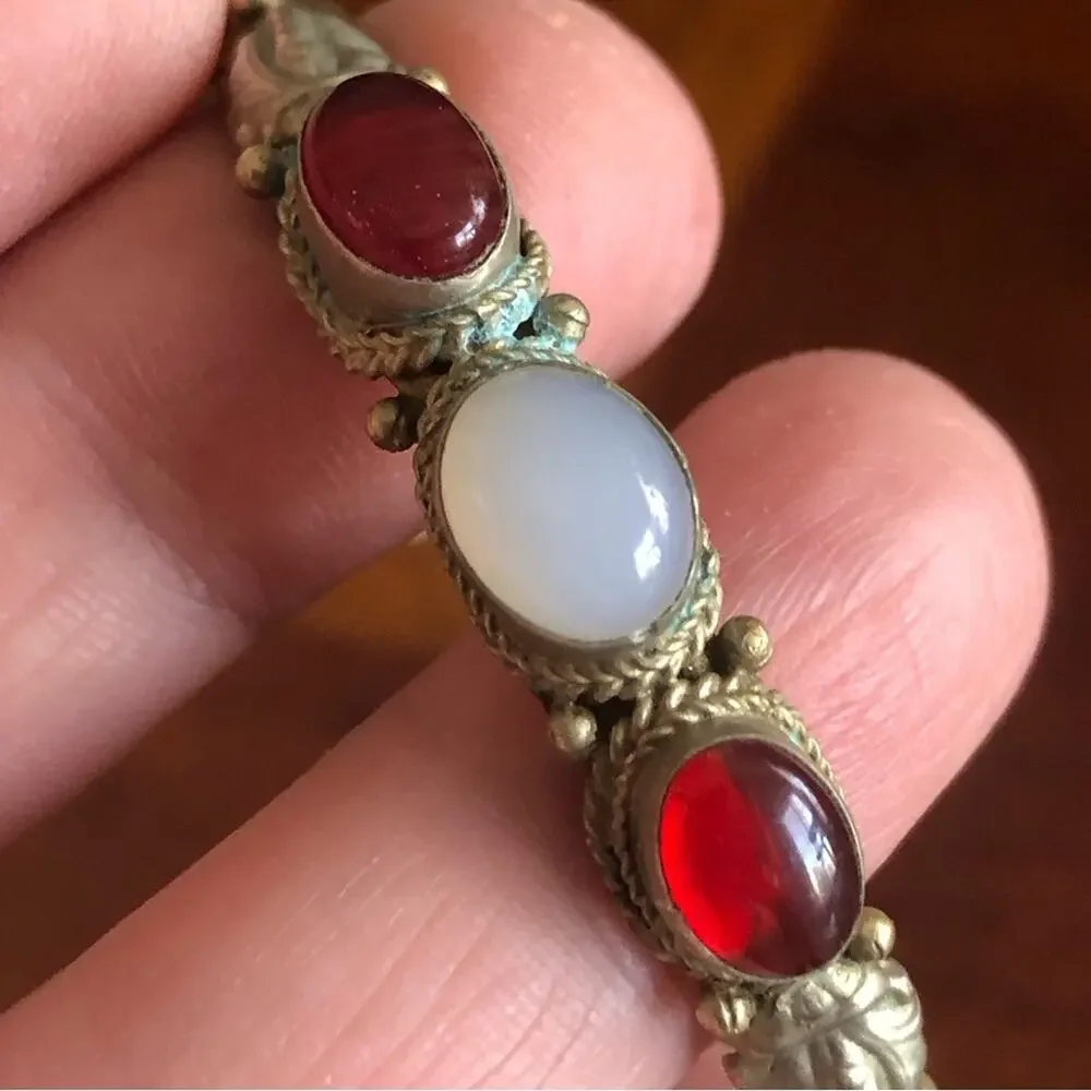 Vintage handcrafted genuine ruby and opaline cabochon stone twist metal bracelet